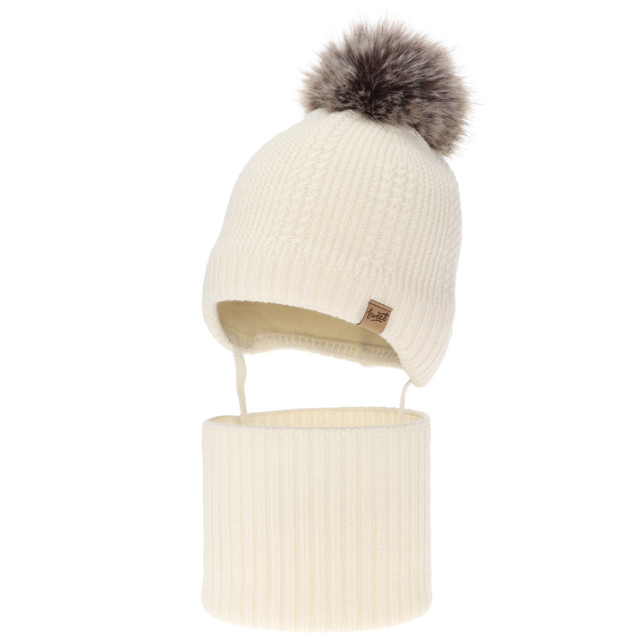 Jungen Mütze und Schal, Winter Set, creme, 100% Merinowolle, gefüttert mit Wollfleece, zum Binden Danny