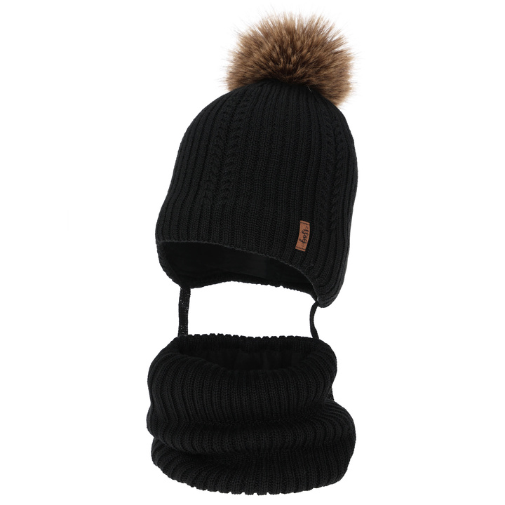 Mütze und Halswärmer für Jungen, Winter-Set, Schwarz, mit Merinowolle, zum Binden Zongo