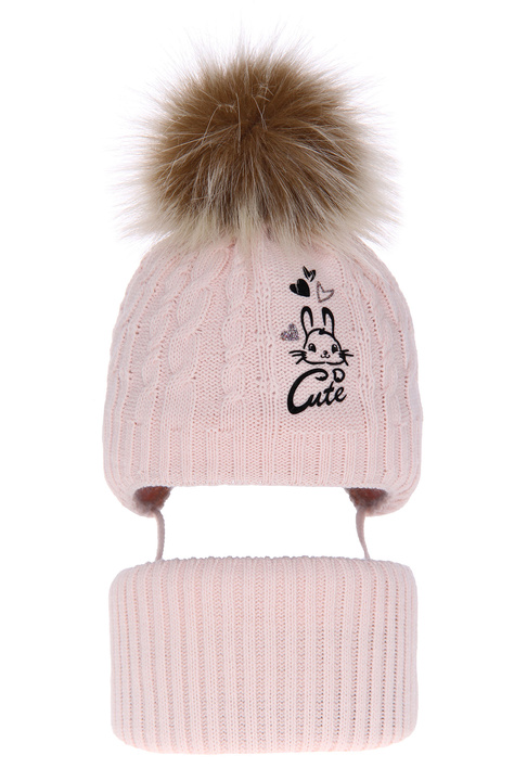 Winterset Mädchen: Mütze und Schlauchschal mit Bommel Rosa Treccia