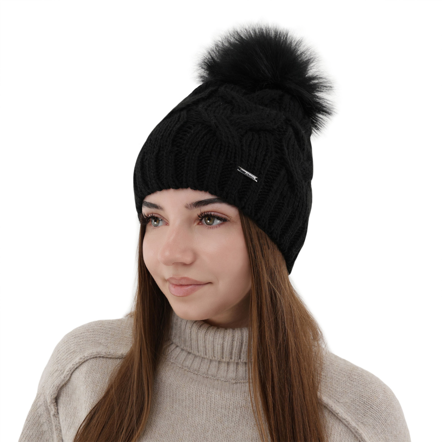 Wintermütze Damen mit Bommel Schwarz Terri