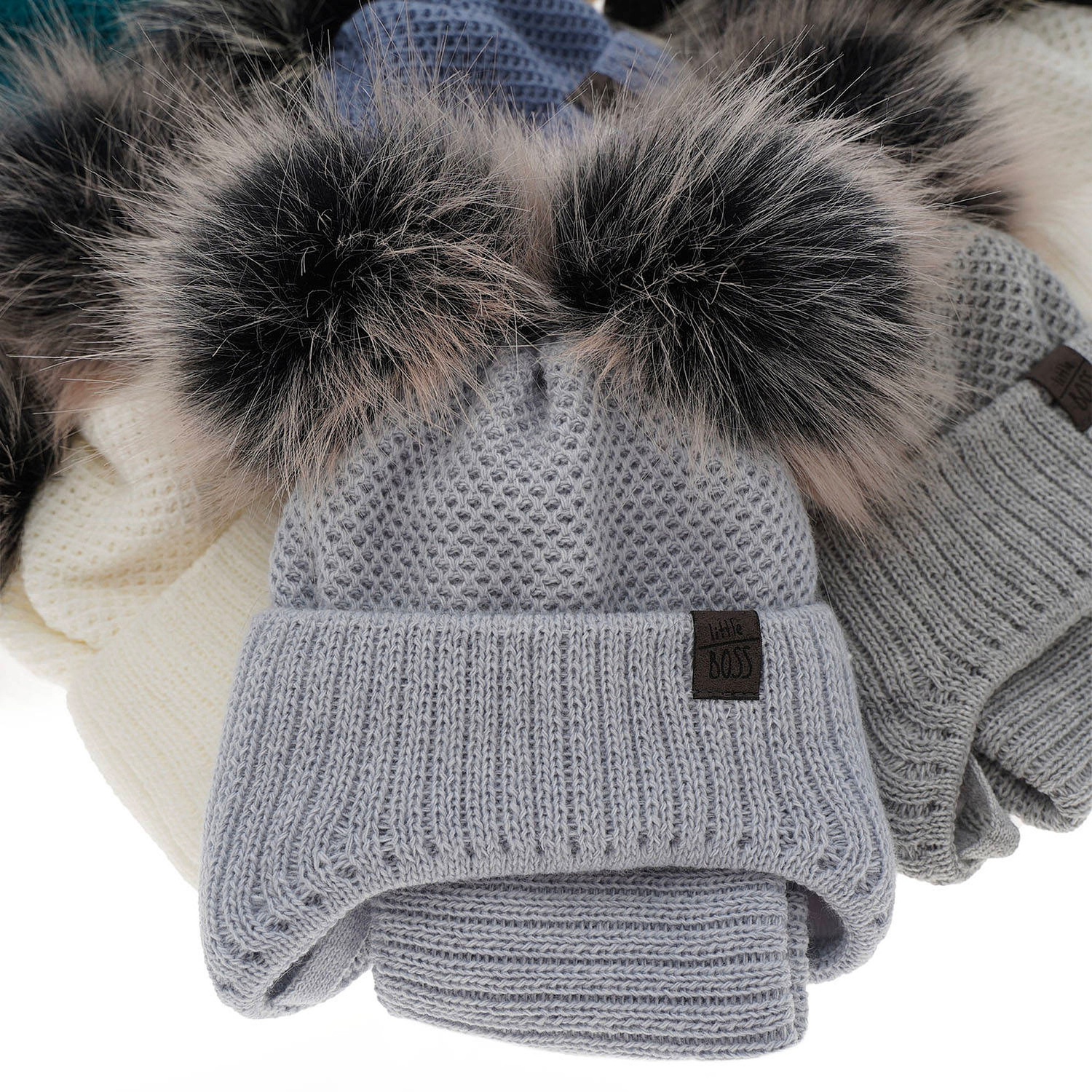 Winterset Jungen: Mütze und Schlauchschal mit zwei Bommeln Weiß Randel