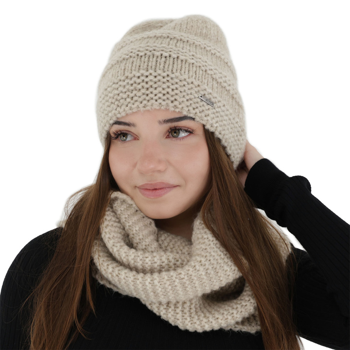 Winterset Damen: Mütze und Schlauchschal, Winter, hellbeige, mit Merinowolle, Driva