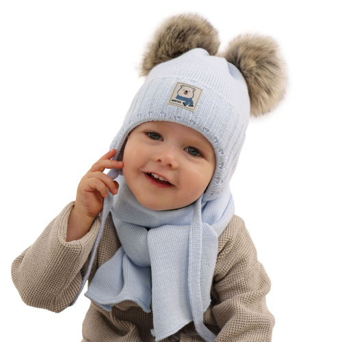 Winterset für Jungen: Mütze und Schal mit zwei Bommeln in Blau Jewel