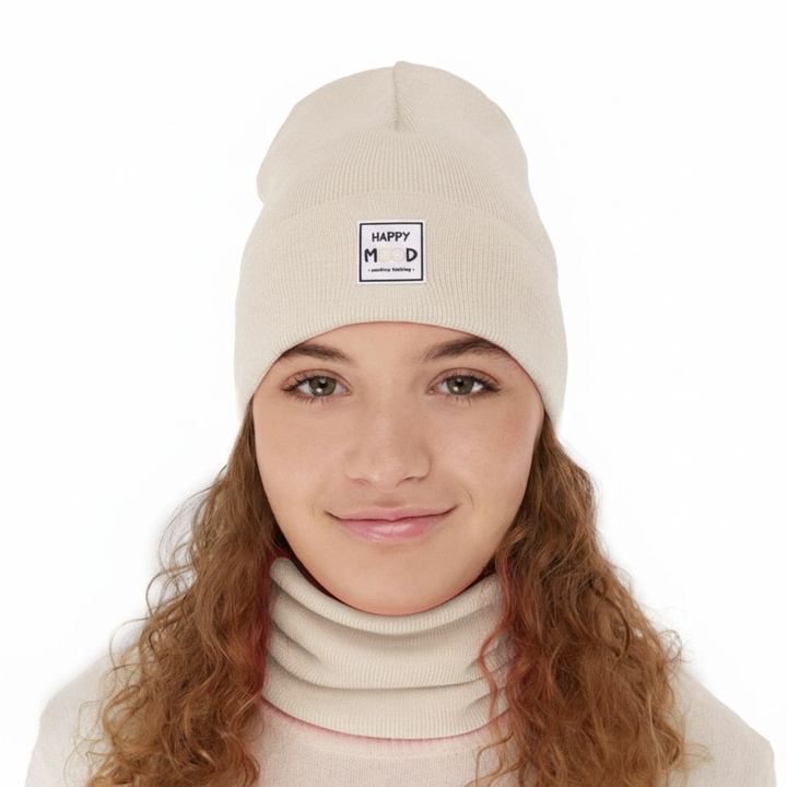 Herbst und Frühlingsset Mädchen: Mütze und Schlauchschal, mit Baumwolle, Beige Mersila