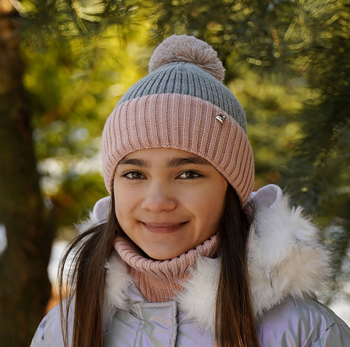 Winterset Mädchen: Mütze und Schlauchschal mit Bommel Rosa Kolumbina