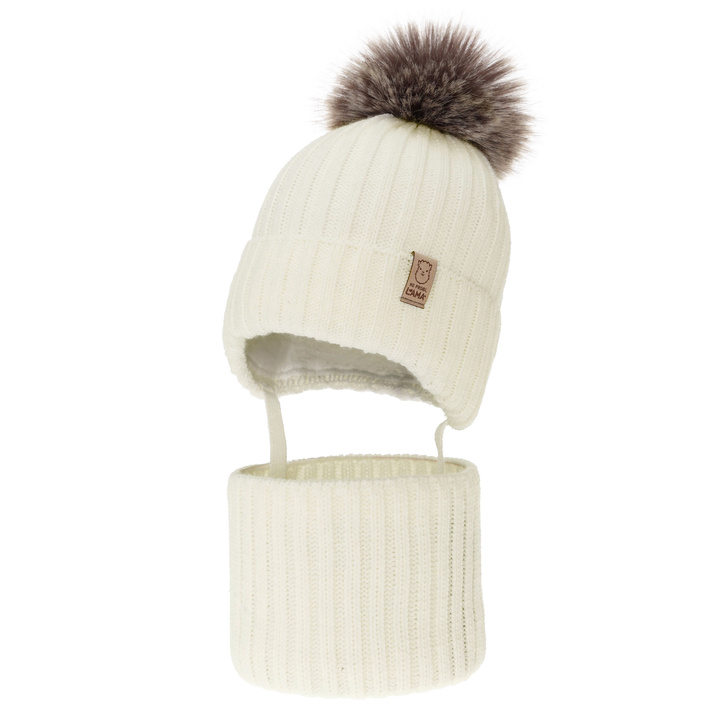 Winterset für Mädchen: Mütze und Schlauchschal, mit Bommel, Beige Abigail