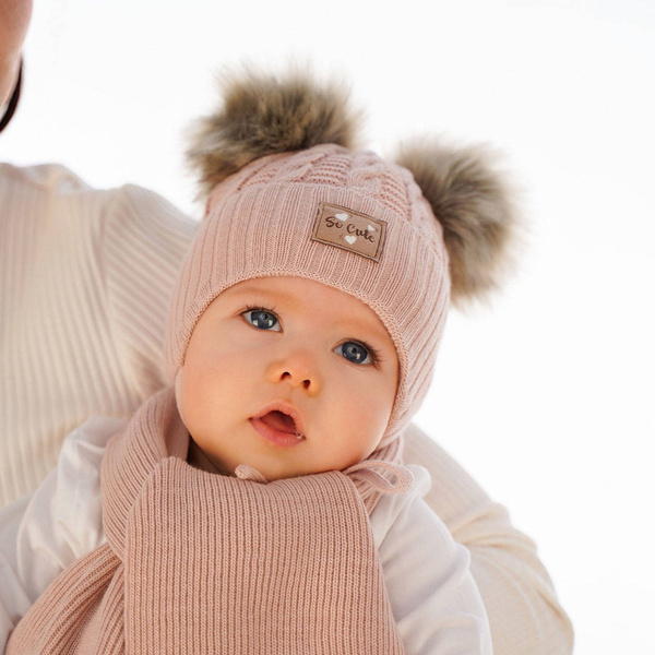 Winterset Mädchen: Mütze mit glänzendem Faden (Lurex) und Schal mit zwei Bommeln Rosa Klarita
