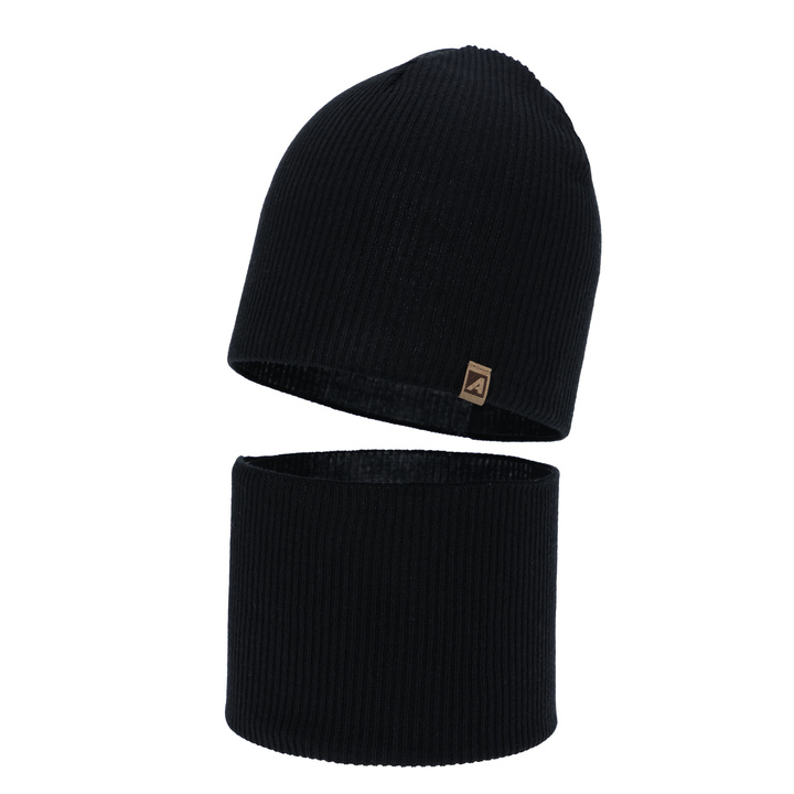 Herbst und Frühlingsset Jungen: Mütze und Schlauchschal, mit Baumwolle, schwarz, Lucer
