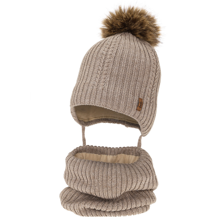 Mütze und Halswärmer für Jungen, Winter-Set, Beige, mit Merinowolle, zum Binden Zongo