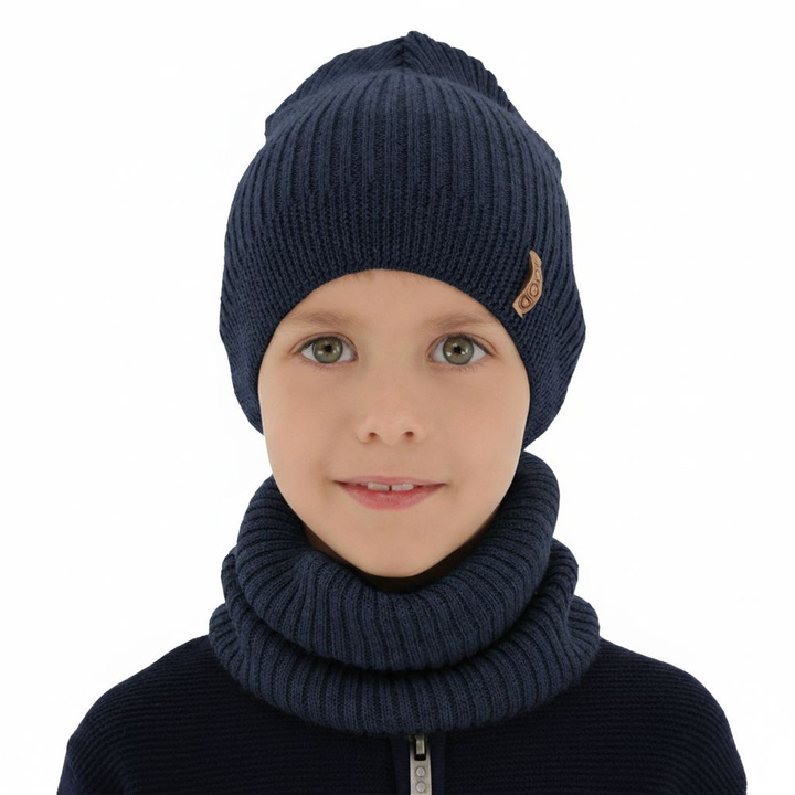 Herbst und Frühlingsset Jungen: Mütze und Schlauchschal 100% extrafeine Merinowolle Navy Blau Chester