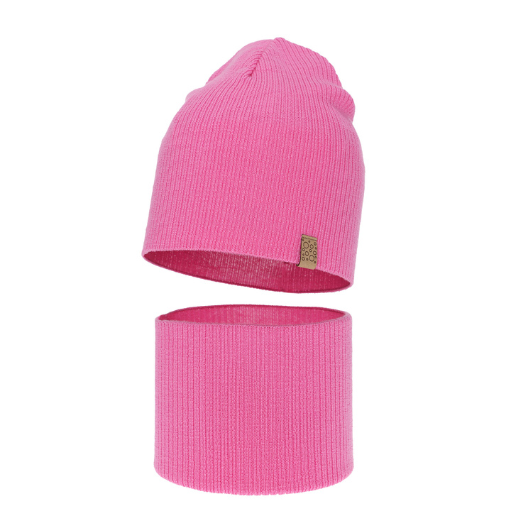Herbst und Frühlingsset Mädchen: Mütze und Schlauchschal 100% extrafeine Merinowolle Rosa Ricona