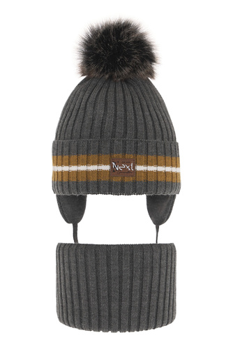 Winterset für Jungen: Mütze und Schlauchschal mit Bommel in Grau Echo