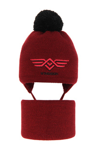 Winterset Jungen: Mütze und Schlauchschal mit Bommel Burgunder Wings
