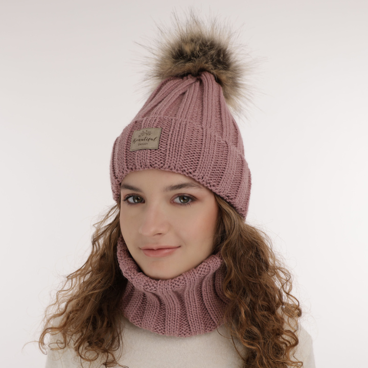 Winterset Mädchen: Mütze und Schlauchschal mit Bommel Rosa Kaliope