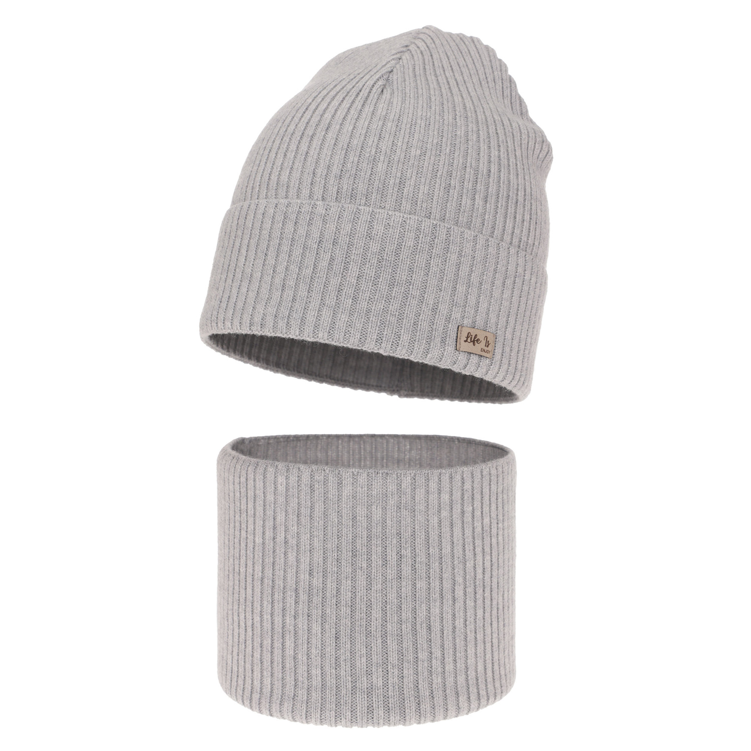 Herbst und Frühlingsset Mädchen: Mütze und Schlauchschal 100% extrafeine Merinowolle Grau Itra