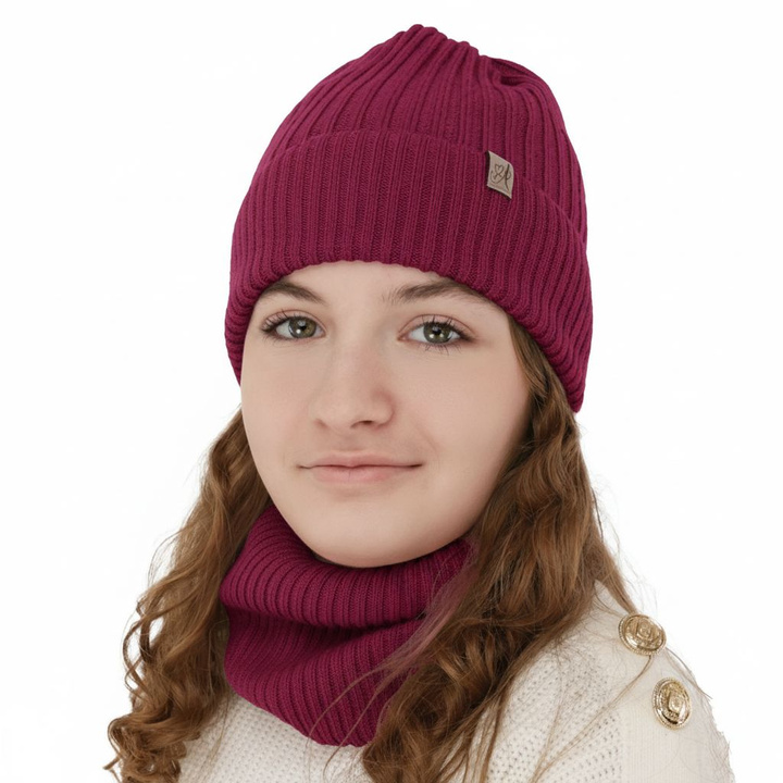 Winterset Mädchen: Mütze und Schlauchschal aus 100% Merinowolle, Amaranth, Patricia