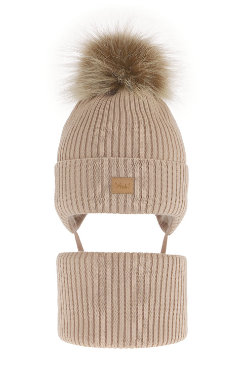 Winterset Mädchen: Mütze und Schlauchschal mit Bommel Beige Dilajla