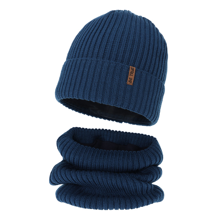 Winterset Jungen: Mütze und Schlauchschal, blau, mit Merinowolle, Colton