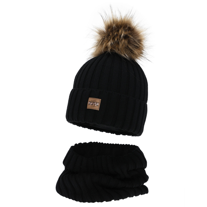 Winterset Mädchen: Mütze und Schlauchschal, schwarz, Fleecefutter, mit Merinowolle, Bellina