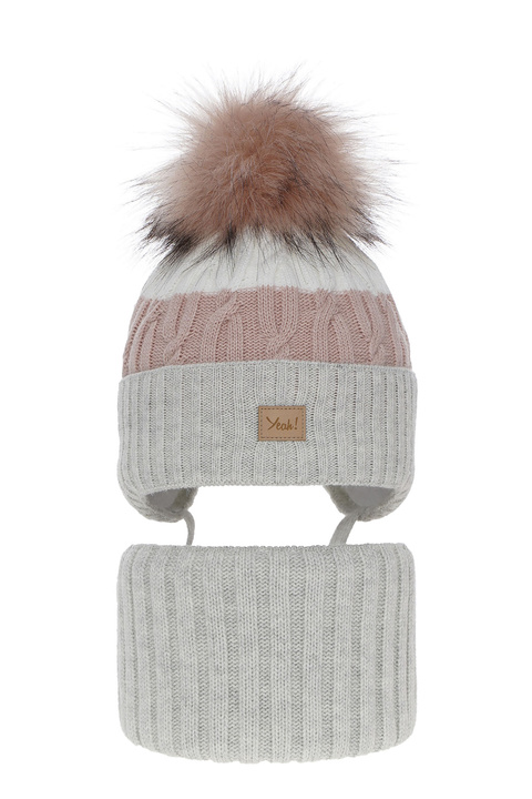 Winterset Mädchen: Mütze und Schlauchschal mit Bommel Grau Riviera