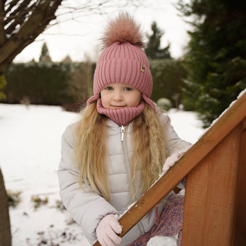 Winterset Mädchen: Mütze und Schlauchschal mit Bommel Beige Preria
