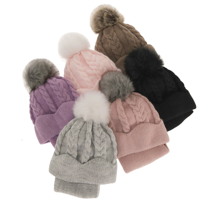 Winterset Mädchen: Mütze und Schlauchschal mit Bommel Beige Etula