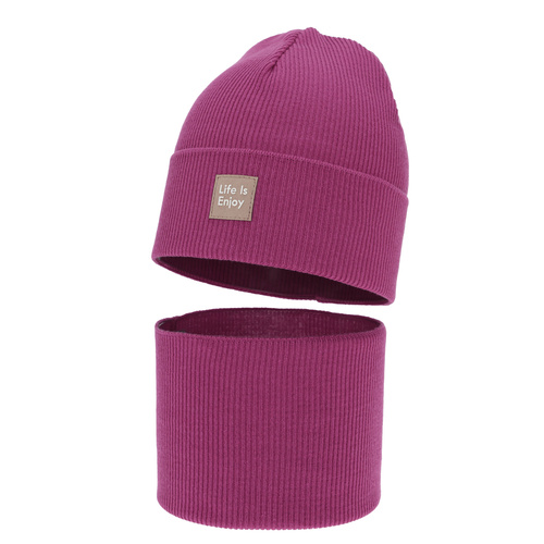 Herbst und Frühlingsset Mädchen: Mütze und Schlauchschal, mit Baumwolle, amarantowy, Zola