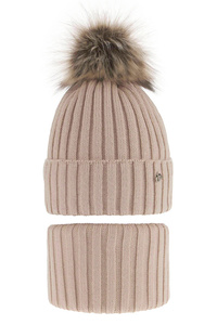 Winterset Mädchen: Mütze und Schlauchschal mit Bommel Beige Wilma