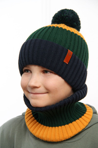 Winterset Jungen: Mütze und Schlauchschal mit Bommel Navy Blau Karson