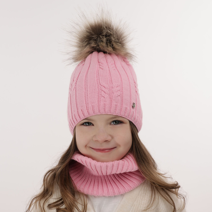 Winterset Mädchen: Mütze und Schlauchschal mit Bommel Rosa Amaltea