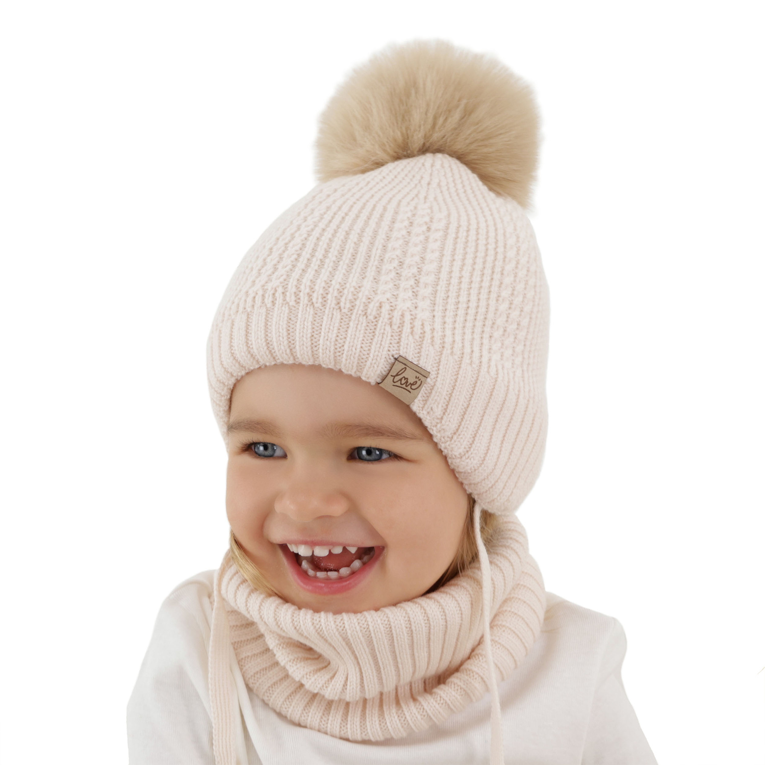 Mütze und Schlauchschal für Mädchen Winterset, beige 100% Merinowolle, mit Wollvlies gefüttert, zum Binden Danielle