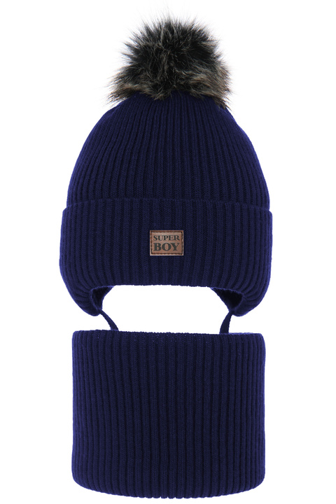 Winterset Jungen: Mütze und Schlauchschal mit Bommel Navy Blau Denzel