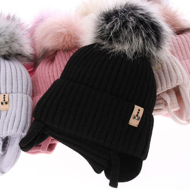Winterset Mädchen: Mütze und Schlauchschal mit Bommel Schwarz Preria