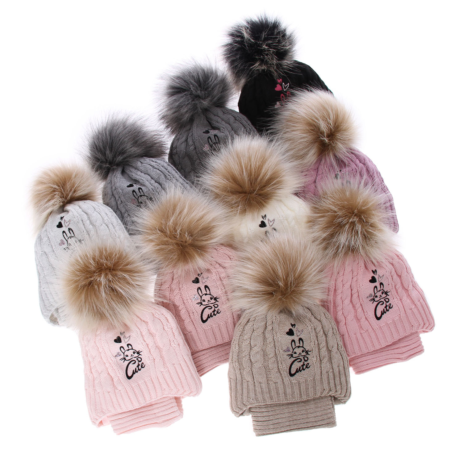 Winterset Mädchen: Mütze und Schlauchschal mit Bommel Schwarz Treccia