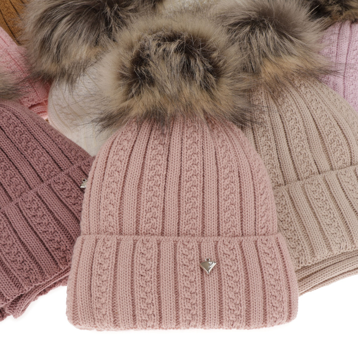 Winterset Mädchen: Mütze und Schlauchschal mit Bommel Beige Wirginia
