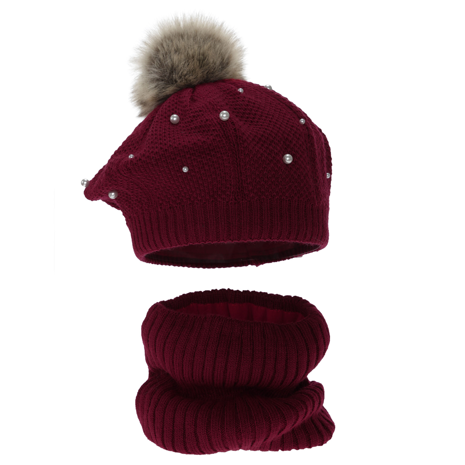 Winterset Mädchen: Beret und Schlauchschal, Polarfleecefutter, bordeaux, mit Bommel, Jeanette