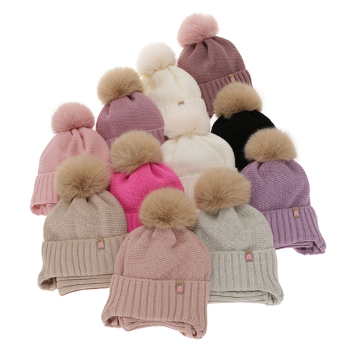 Winterset für Mädchen: Mütze und Schlauchschal mit Bommel in Beige Kaya
