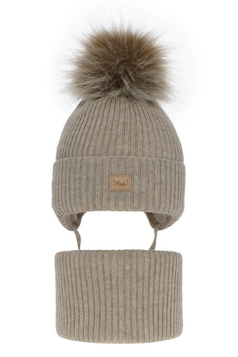 Winterset Mädchen: Mütze und Schlauchschal mit Bommel Beige Dilajla