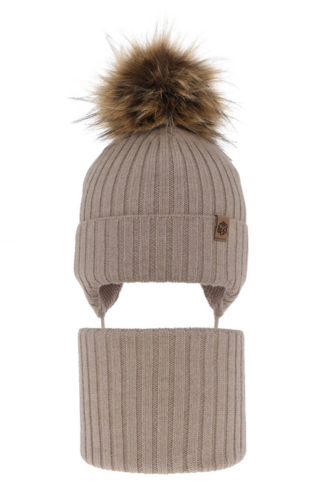 Winterset für Jungen: Mütze und Schlauchschal aus 100% extrafeiner Merinowolle in Beige Juno