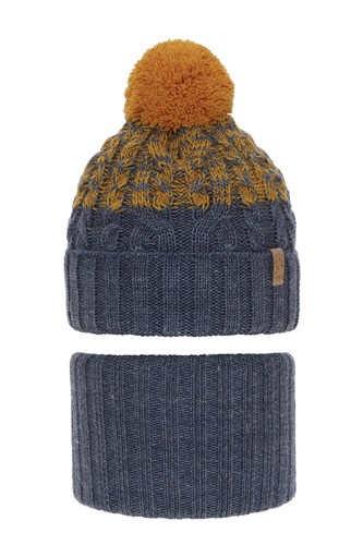 Winterset Jungen: Mütze und Schlauchschal mit Bommel Blau Travis