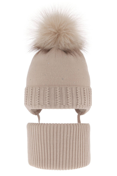 Winterset für Mädchen: Mütze und Schlauchschal mit Bommel in Beige Renia