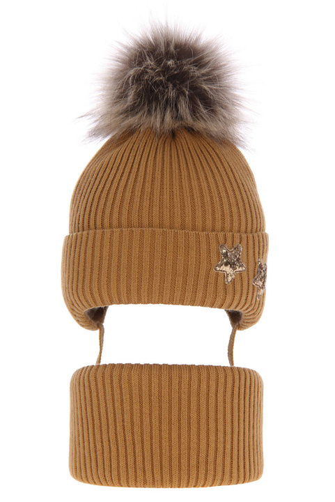 Winterset Mädchen: Mütze und Schlauchschal mit Bommel Braun Delicja