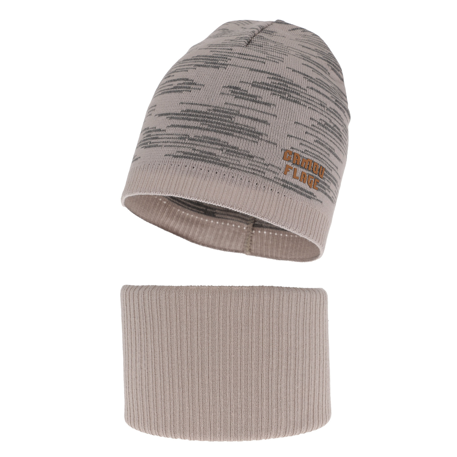 Herbst und Frühlingsset Jungen: Mütze und Schlauchschal, mit Baumwolle, Beige Carter