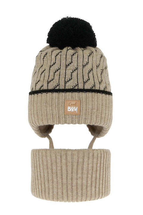 Winterset Jungen: Mütze und Schlauchschal mit Bommel Beige Pikolo