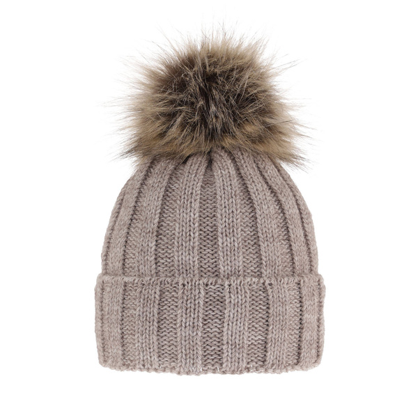 Wintermütze Damen mit Bommel Beige Mokka