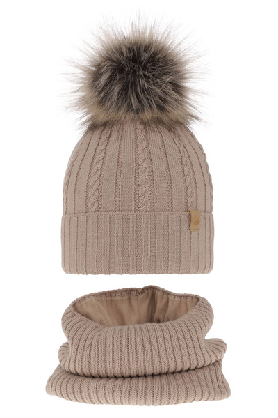 Winterset für Mädchen: Mütze und Schlauchschal aus Merinowolle in Beige Mirabel