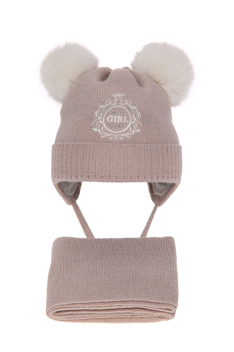 Winterset Mädchen: Mütze und Schal mit zwei Bommeln Wolle Beige Umbra