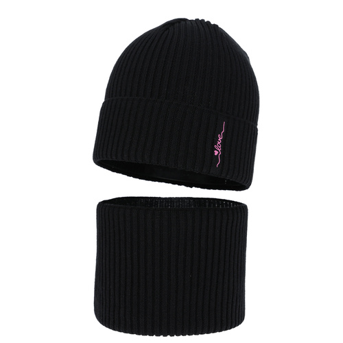 Herbst und Frühlingsset Mädchen: Mütze und Schlauchschal, mit Baumwolle, schwarz, Elvara