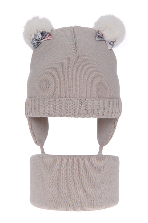 Winterset Mädchen: Mütze und Schlauchschal mit zwei Bommeln Beige Lilo