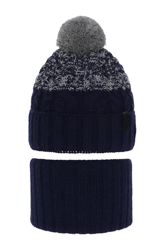 Winterset Jungen: Mütze und Schlauchschal mit Bommel Navy Blau Travis